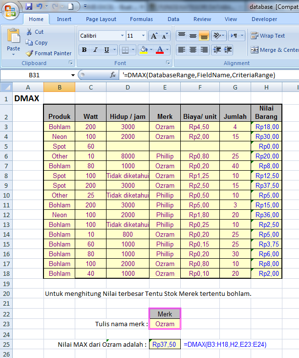 FUNGSI DMAX  MUIS EXCEL