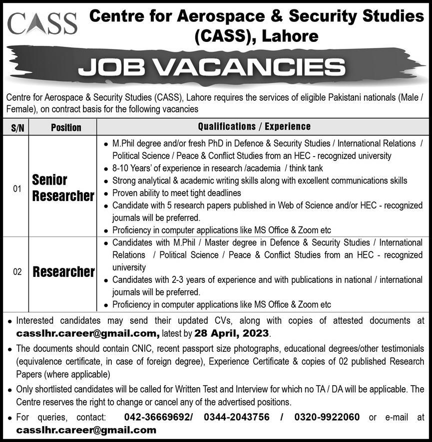 Centre for Aerospace And Security Studies CASS Jobs 2023