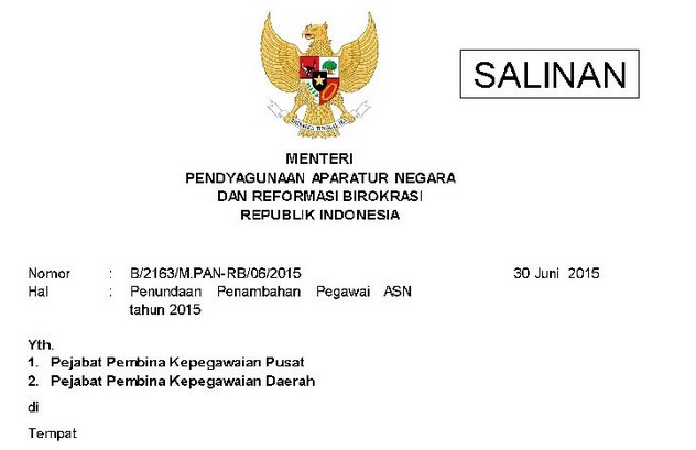 Surat Menteri PANRB tentang Penundaan Penambahan Pegawai ASN Tahun 2018