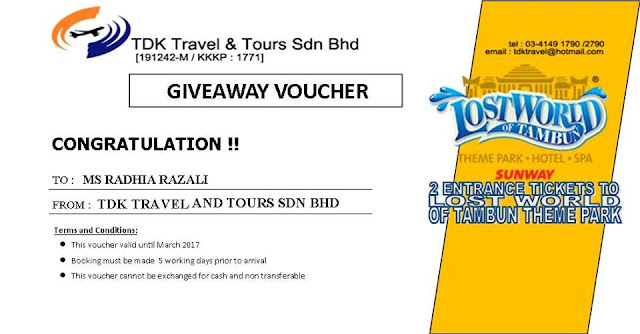 MENANG 2 TIKET LOST WORLD OF TAMBUN THEMEPARK DARIPADA GIVE AWAY TDK TRAVEL & TOURS..