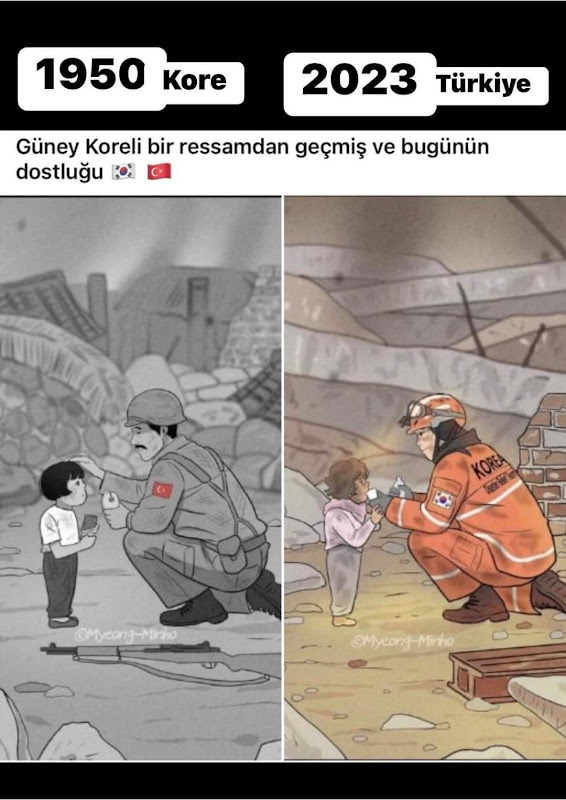 Sketsa ini dipublish oleh pelukis Turki yang terharu dengan kedatangan para rescuer Korea Balas budi Turki-Korsel, 1950 (saat Perang) dan 2023 (saat Gempa)