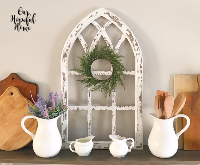 farmhouse decor cathedral arch pitcher creamer wreath lavender