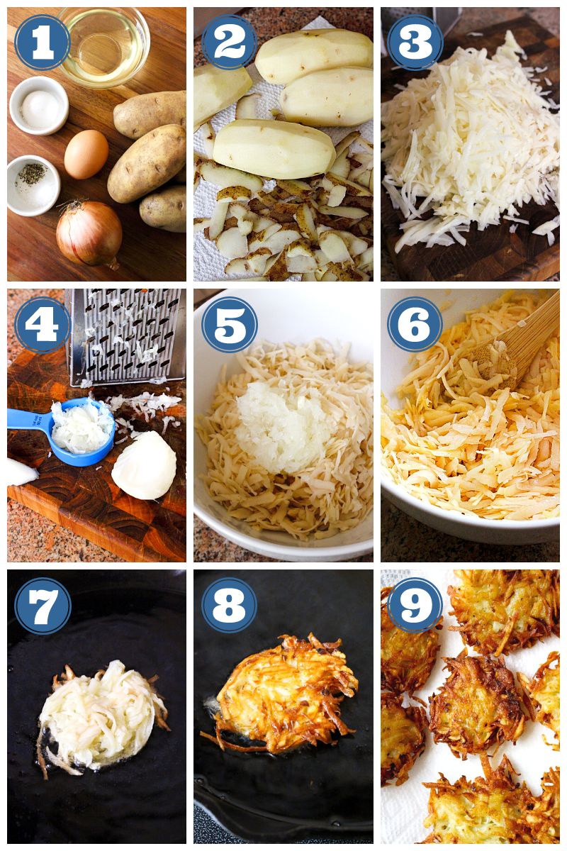Step by step collage of images of Crispy Polish Potato Pancakes being made.