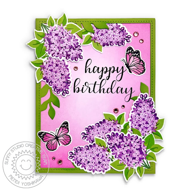 Sunny Studio Butterflies & Flowers Birthday Card (using Lovely Lilacs, Watering Can, Everyday Greetings Stamps  & Botanical Backdrop Die)