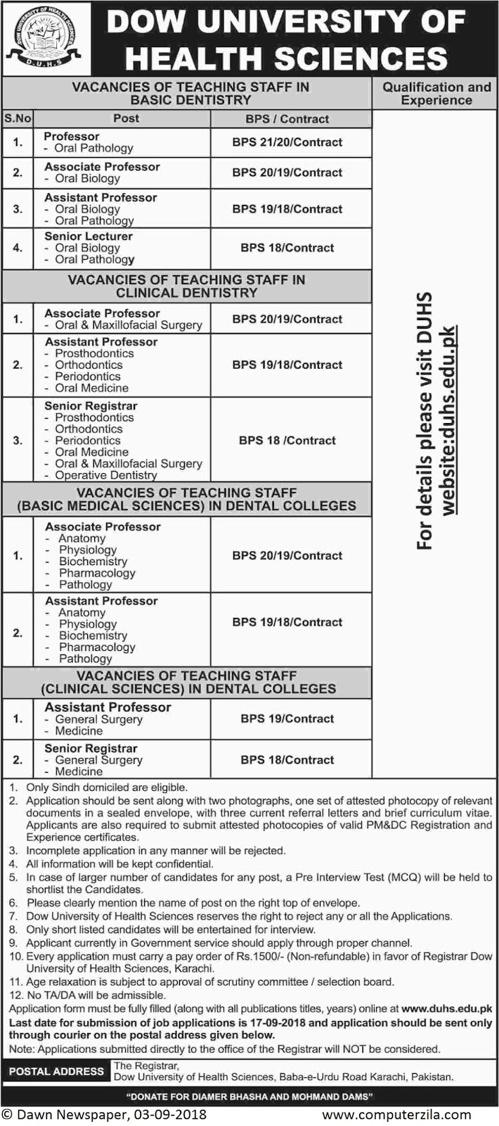 Vacancies of Teaching Staff at Dow University of Health Sciences