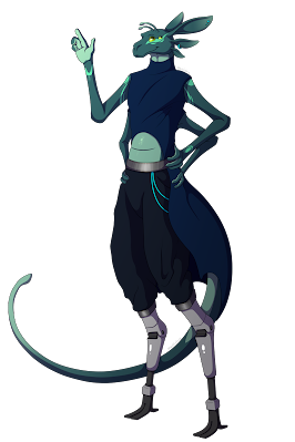 An image of Xari, a teal, bipedal alien with two prosthetic legs.