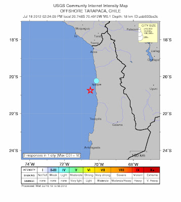 Epicentro sismo 5,2 grados Norte de Chile, 18 de Julio 2012