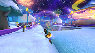 Rosalina on the Master Cycle Zero presenting the finish line of her Ice World