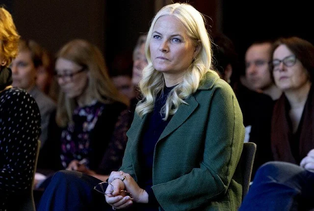 Crown Princess Mette-Marit wore a green cashmere coat from Marni, and navy top and trousers suit. Clarion Hotel The Hub in Oslo