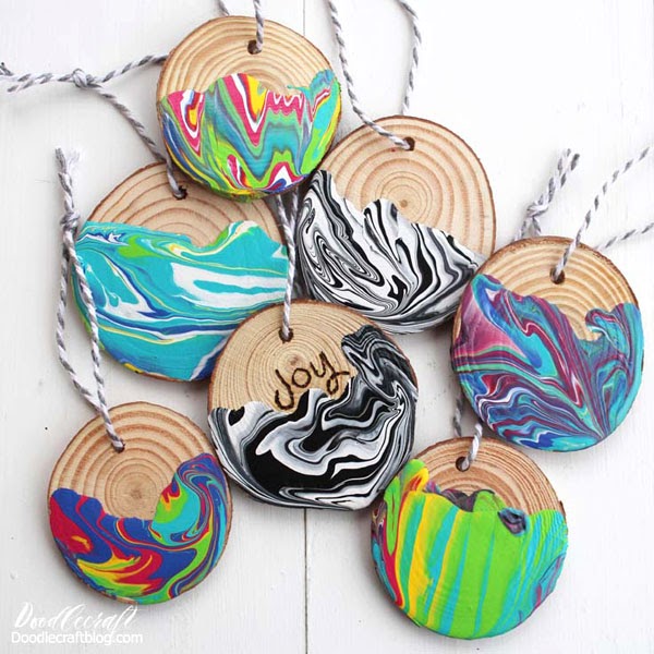 Marbled Wood Slice Ornaments with Plaid Crafts!