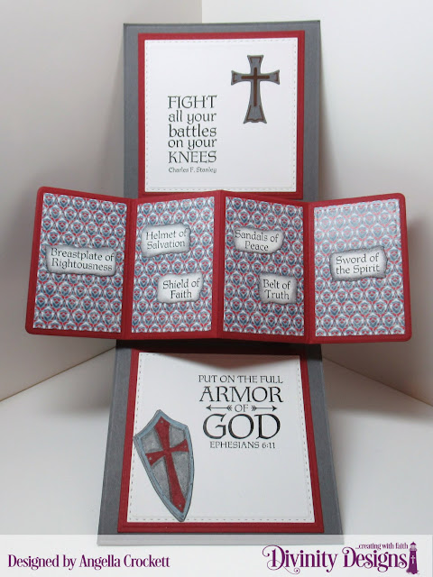 Divinity Designs LLC Stamps: Armor of God SD/Duo, Full Armor; Paper: Americana Quilt; Dies: Twist & Pop with Layers, A2 Portrait Card Base with Layers, Double Stitched Rectangles, Double Stitched Squares, Squares, Ornamental Crosses, Pennant Flags, Double Stitched Pennant Flags; Card Designer Angie Crockett