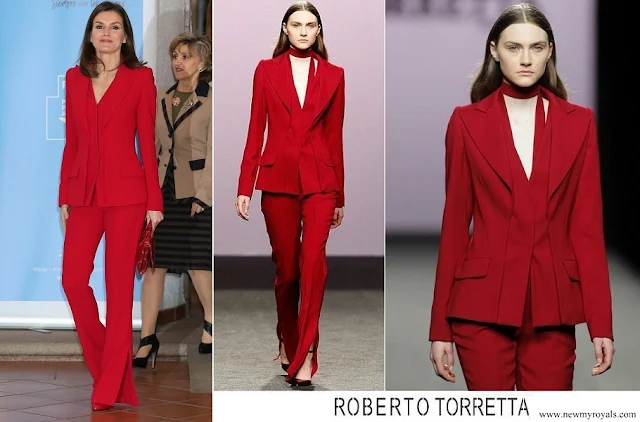 Queen Letizia wore Roberto Torretta red suit Mercedes Benz Fashion Week Madrid Autumn Winter 2017 collection