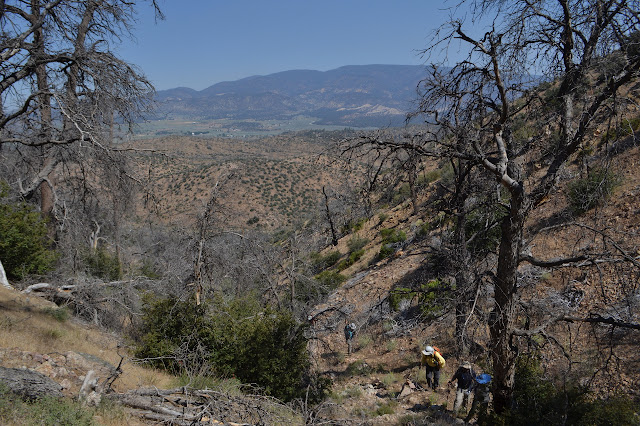 a few hikers in the crease of the land