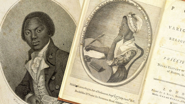 Portraits of two Black 18th-century writers, Olaudah Equiano and Phillis Wheatley from editions of their books.