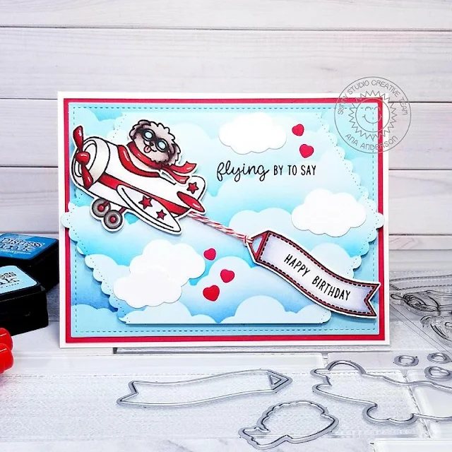 Sunny Studio Stamps: Plane Awesome Fluffy Clouds Border Dies Frilly Frames Dies Plane Themed Everyday Cards by Ana Anderson