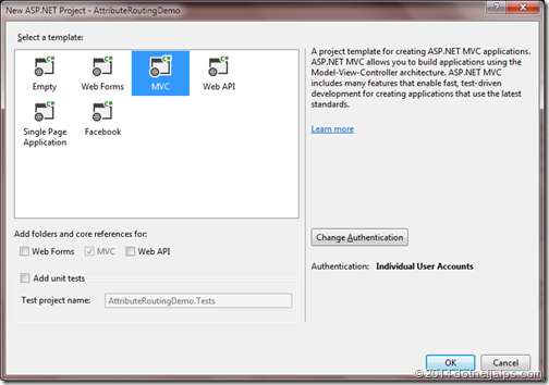 Attribute routing demo in asp.net mvc 5.0 creating a new project in visual studio 2013