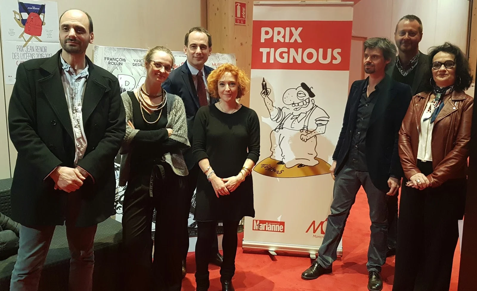 Le Prix Tignous : de gauche à droite le dessinateur Gros, Camille Besse, Patrice Bessac, Chloé Verlhac, Thierry Garance, Joseph Macé-Scaron, Alexie Lorca.