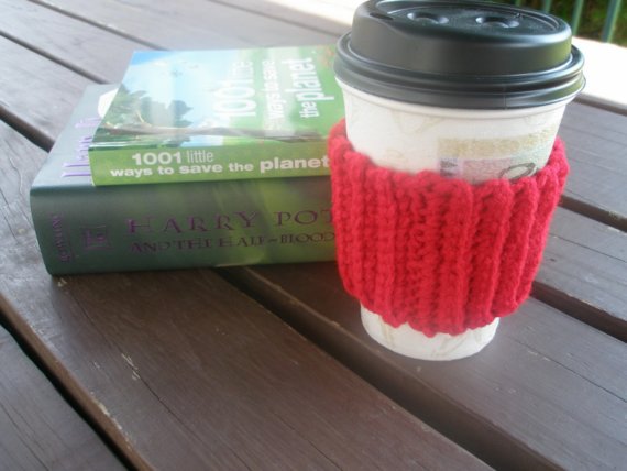 Crocheted Coffee Cozy in Cherry Red By Jenco13 Turquoise Blue Dangle 