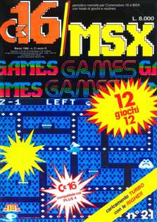 C16/MSX Games 21 - Marzo 1988 | CBR 215 dpi | Mensile | Videogiochi
Forse una delle poche riviste riviste in Italia a dedicarsi attivamente al supporto del Commodore 16 e del Plus 4; conteneva un mix fra giochi commerciali, oppurtunamente modificati, e programmi originali creati da autori italiani e stranieri.