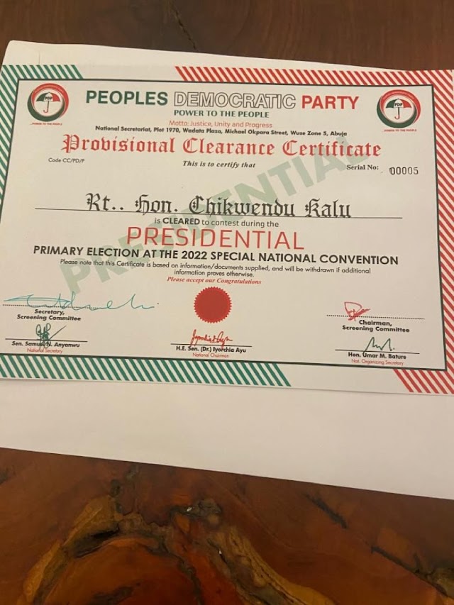 2023 Presidency: Rt Hon Chikwendu Kalu Was Duly  Cleared to Contest Presidential Race