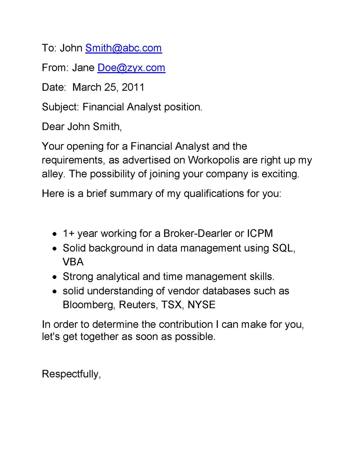 Sample cover letter in email format