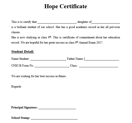 Hope Certificate