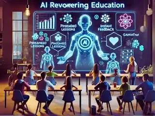 The Growth of AI in Education: Personalized, Accessible, and Fun Learning The image depicts students interacting with holographic artificial intelligence instructors within a virtual learning environment. With a focus on accessibility, inclusivity, and interesting learning, the AI tutors offer individualized instruction, immediate feedback, and gamified learning resources. There are shimmering digital elements and a diverse group of pupils in the scenario.