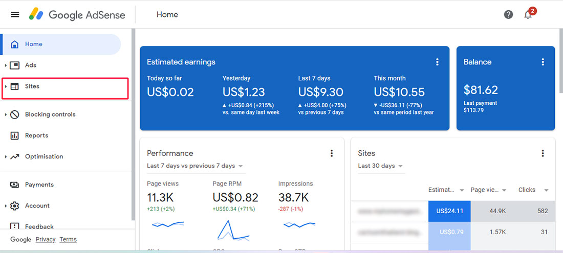 Google Adsense main screen