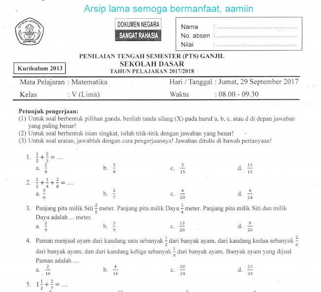 Download Soal Penilaian Tengah Semester (PTS) Ganjil  Matematika Kelas 5 SD Tahun 2018 Gratis