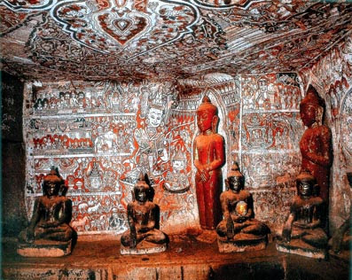 Myanmar Buddhist wall art and Buddha sculptures