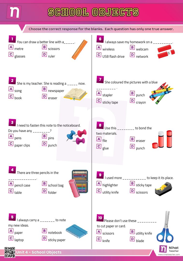 Practise English Vocabulary. A multiple choice test school objects in English.  Click here to download a test about school objects in English in printable PDF format. Scroll down the page to take an online test in English about school objects.  Search this site to find more about school objects in English.