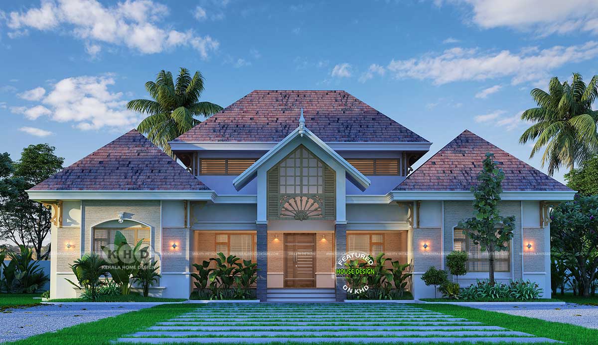 Front View of the 1900 sq.ft. Elegant Kerala Residence with Sloping Roof and Beige Texture Tiles