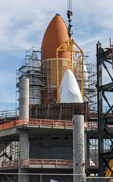 At the California Science Center in Los Angeles, Endeavour's Space Shuttle Stack stands tall inside the construction site for the Samuel Oschin Air and Space Center...on January 30, 2024.