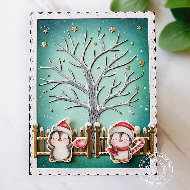 Sunny Studio Stamps: Autumn Tree Die Focused Christmas Card by Marie Marco (featuring Penguin Party, Loopy Letter Dies, Fancy Frame Dies, Scalloped Fence Dies)