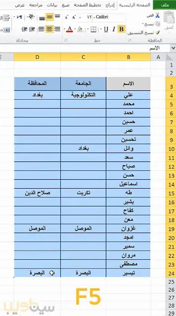 الملئ التلقائي للخلايا الفارغة في برنامج Excel