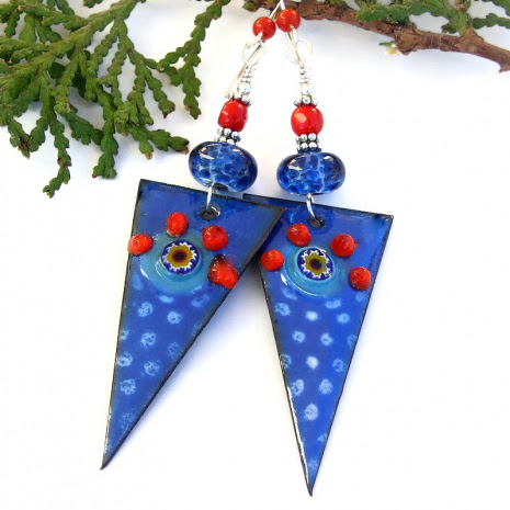 blue enamel lampwork red coral spike earrings gift