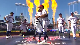 Atlanta Braves outfielder Ronald Acuna Jr. scared of fire display behind stage, MLB Home Run Derby, 7/18/2022
