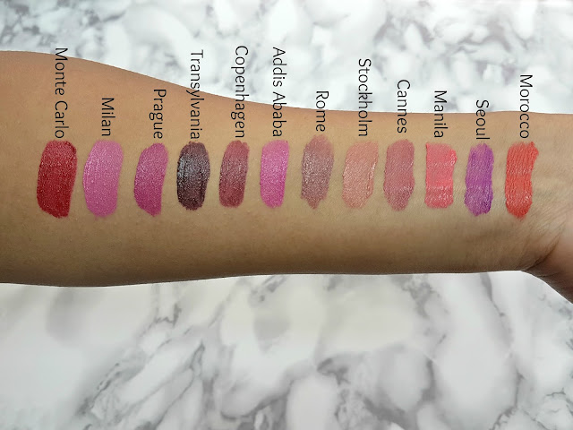 Swatches of the NYX Soft Matte Lip Creams