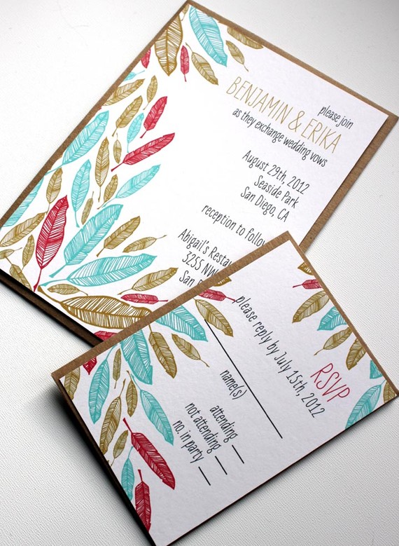 Adorable feather wedding invitations from Michelle Brusegaard