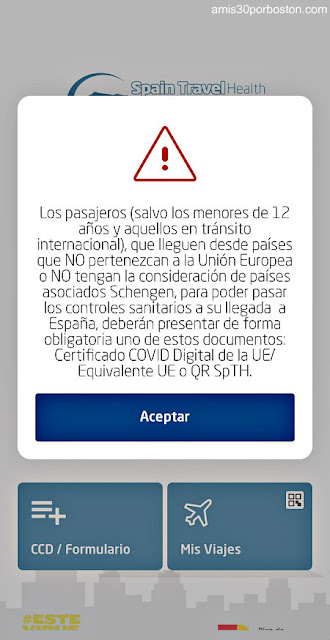 Pantallazo de la App de Spain Travel Health