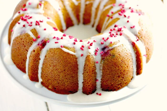 Vanilla Bundt Cake with raspberries
