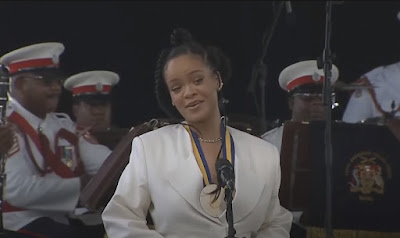 Rihanna said of all awards she's received nothing compared to being recognized by her home country. "The people y'all are the true heroes of Barbados and I take y'all with me whereever I go. I'm so prod to be a Bajan."