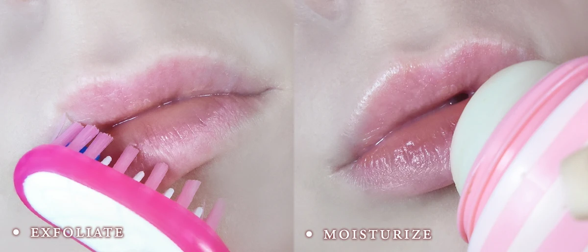 collage with two images demonstarting how to exfoliate and moisturize lips before applying makeup
