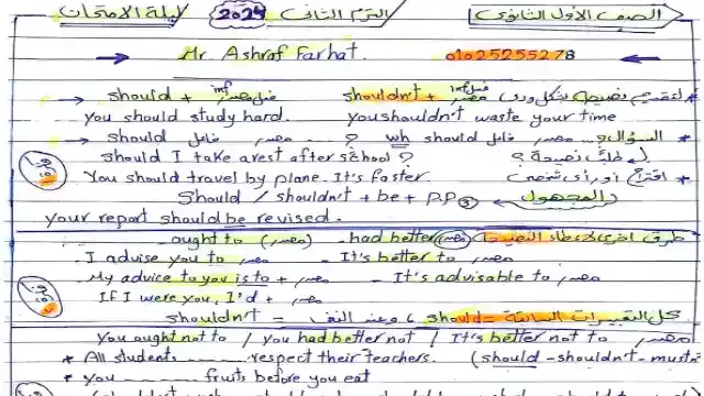 مراجعة ليلة امتحان اللغة الانجليزية للصف الاول الثانوى الترم الثانى 2024 مستر اشرف فرحات