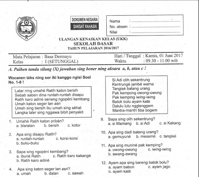 Kumpulan Soal UKK Bahasa Indramayu Kelas I SD 2017