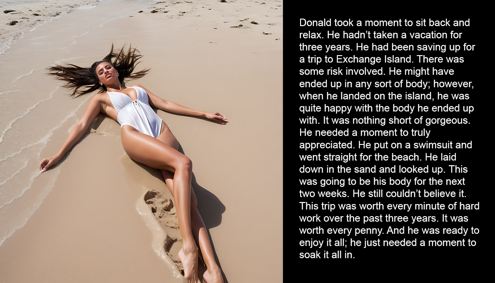 Donald took a moment to sit back and relax. He hadn’t taken a vacation for three years. He had been saving up for a trip to Exchange Island. There was some risk involved. He might have ended up in any sort of body; however, when he landed on the island, he was quite happy with the body he ended up with. It was nothing short of gorgeous. He needed a moment to truly appreciated. He put on a swimsuit and went straight for the beach. He laid down in the sand and looked up. This was going to be his body for the next two weeks. He still couldn’t believe it. This trip was worth every minute of hard work over the past three years. It was worth every penny. And he was ready to enjoy it all; he just needed a moment to soak it all in.