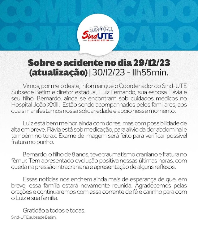 Sind-UTE: Comunicado sobre o acidente no dia 29/12/23 (atualização)