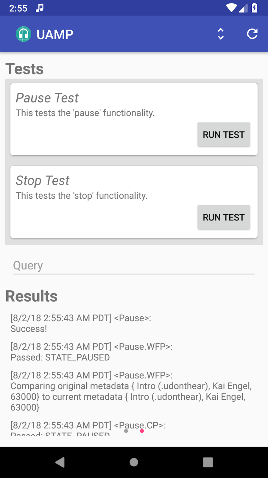 MCT Screenshot of the right screen in the Testing view for UAMP; a Pause test was run successfully.