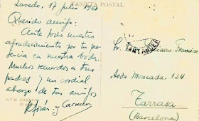 Reverso de la postal enviada por Torán a Francino, Laredo 1960