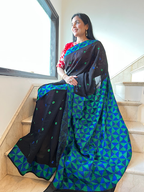 Deep blue hand embroidered phulkari saree